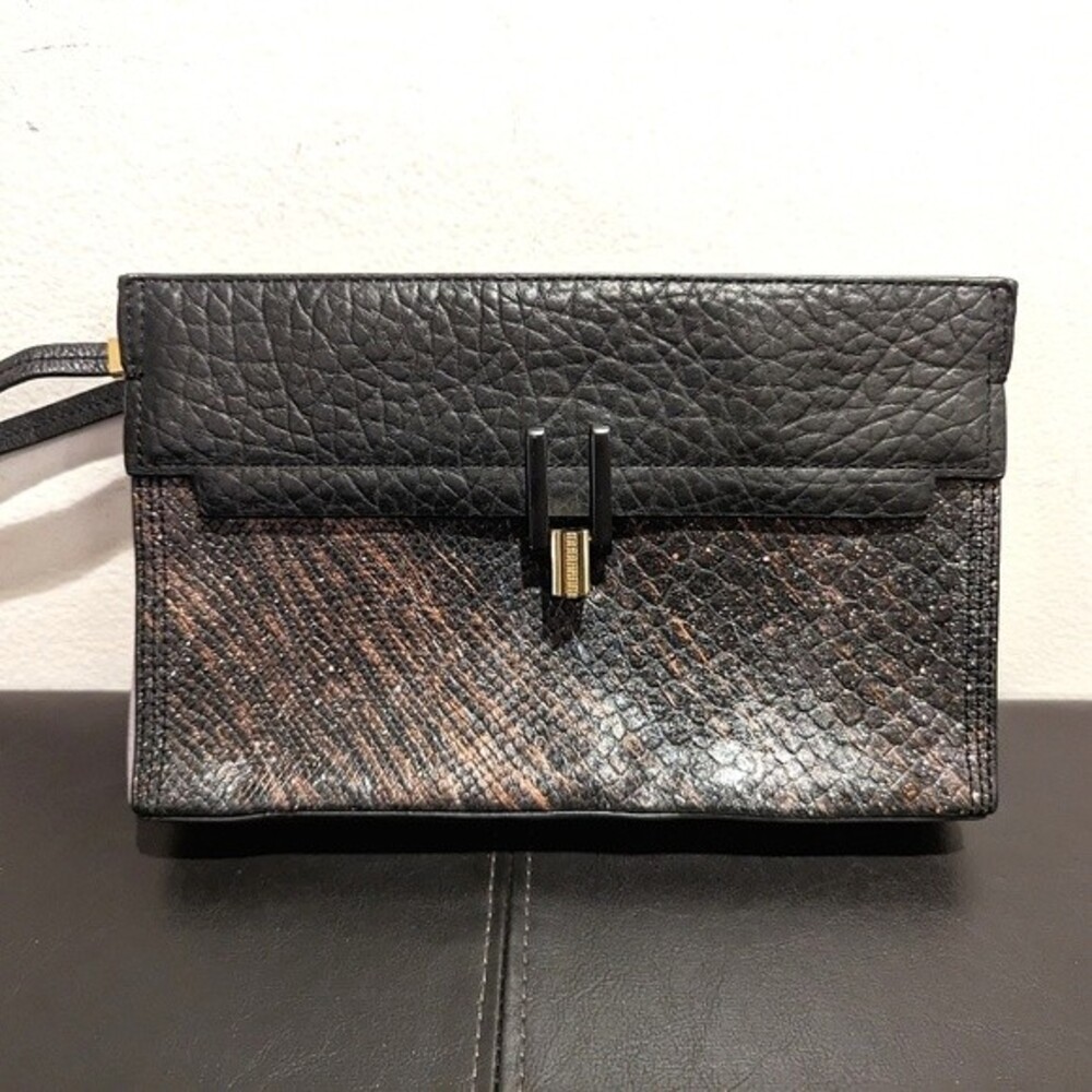 Pour La Victoire Black and Brown Leather Wristlet Clutch